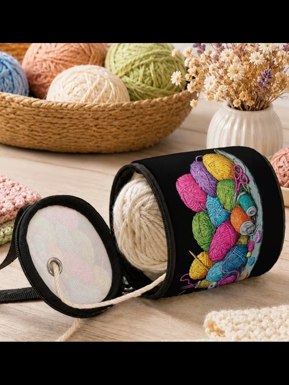 Craft Yarn Storage Tote with Handle - Black Multi-Color